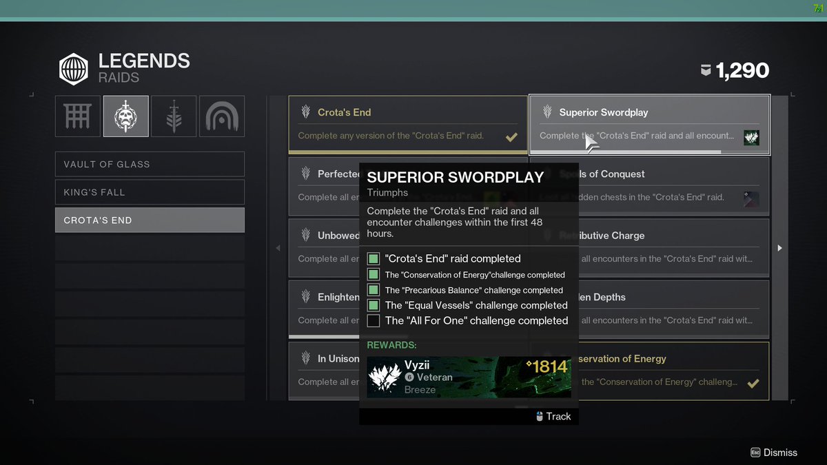 VihzE's tweet photo. @Destiny2Team Completed challenge mode, all encounters. Crota progress did not track. please fix https://t.co/12JY344b7t