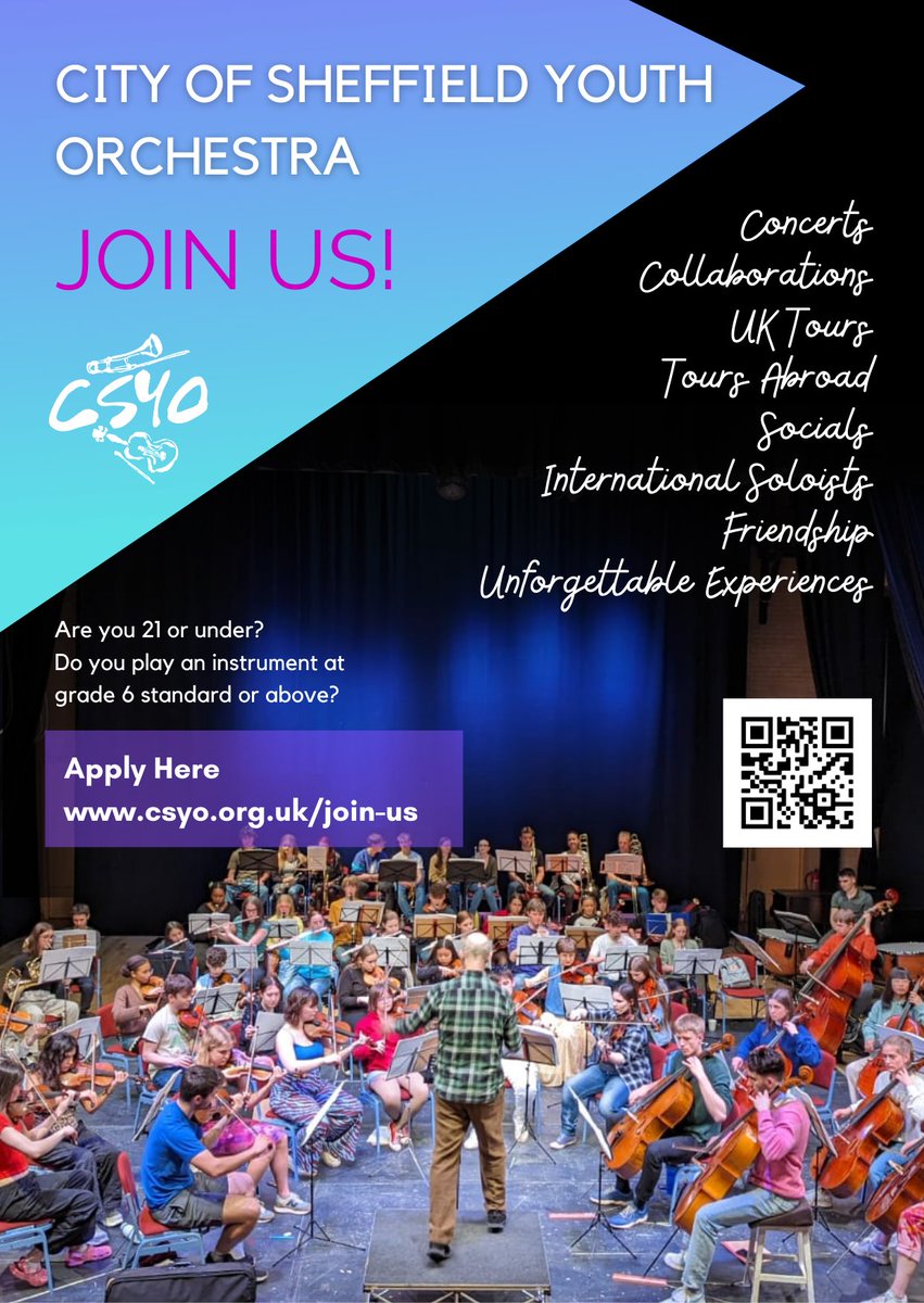It's that time of year! It's time to apply for the 23-24 CSYO programme of orchestral courses including a tour to Spain next summer! Go to csyo.urg.uk/join-us for more information. Bursary support available. Closing date for applications - Friday 29th September.