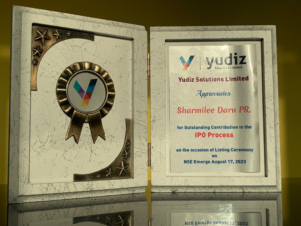 SharmileeDaru's tweet photo. Thank you @yudizsolutions for this recognition. Glad to have been instrumental to the success of the IPO. 
This stands as a testament of our team’s expertise in executing IPO projects marking the second game-tech IPO in the country. To more exciting times for the gaming industry https://t.co/Jf73aXc4CJ