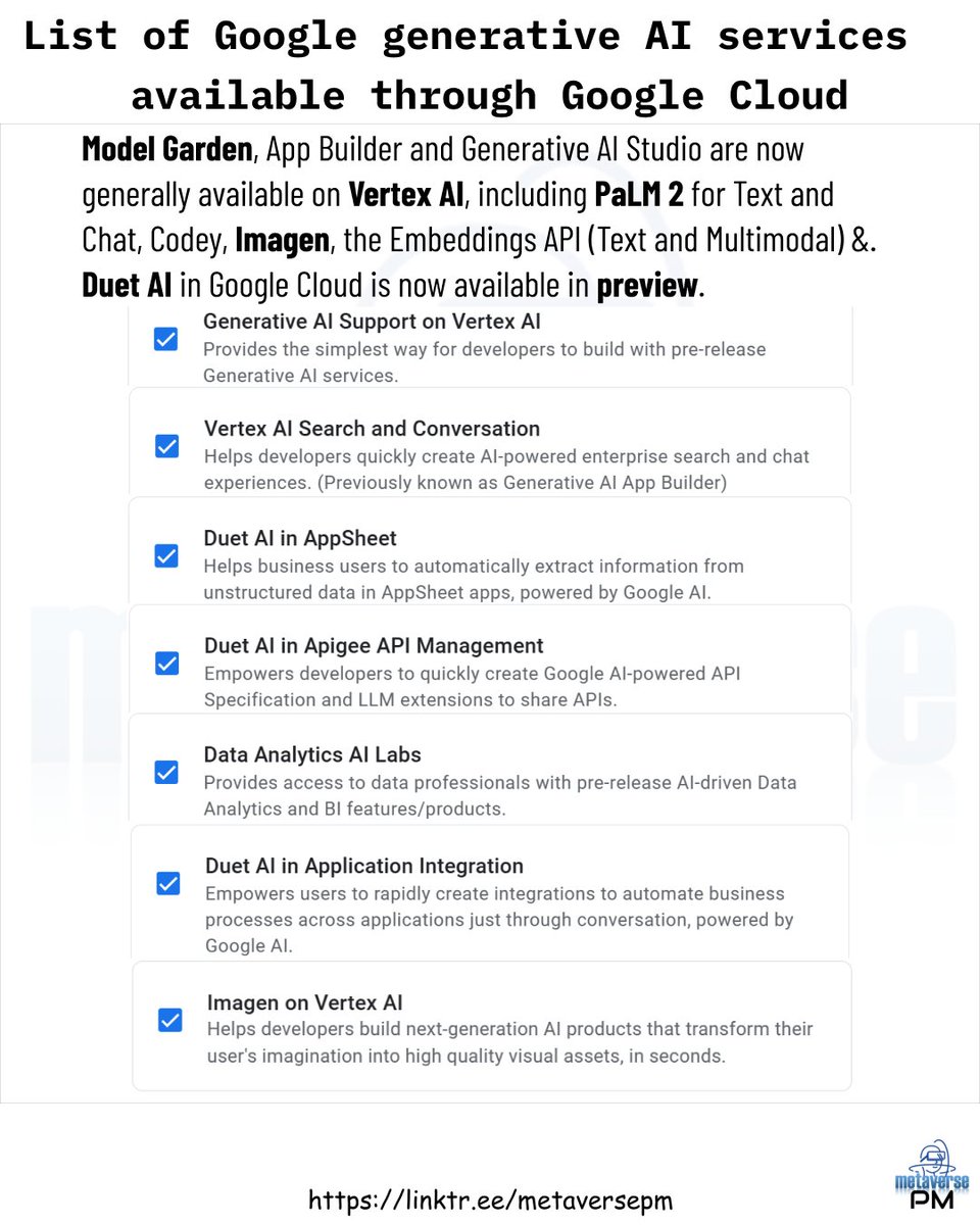 List of Google generative AI services available through Google Cloud #metaverse #art #web3 #openai #gpt3 #gpt4 #gpt #chatgpt #ModelGarden #AppBuilder #Generative #AIStudio #VertexAI #PaLM2 #Codey #Imagen #API #Multimodal #DuetAI #GoogleCloud #appsheet #appscript #google #dalle