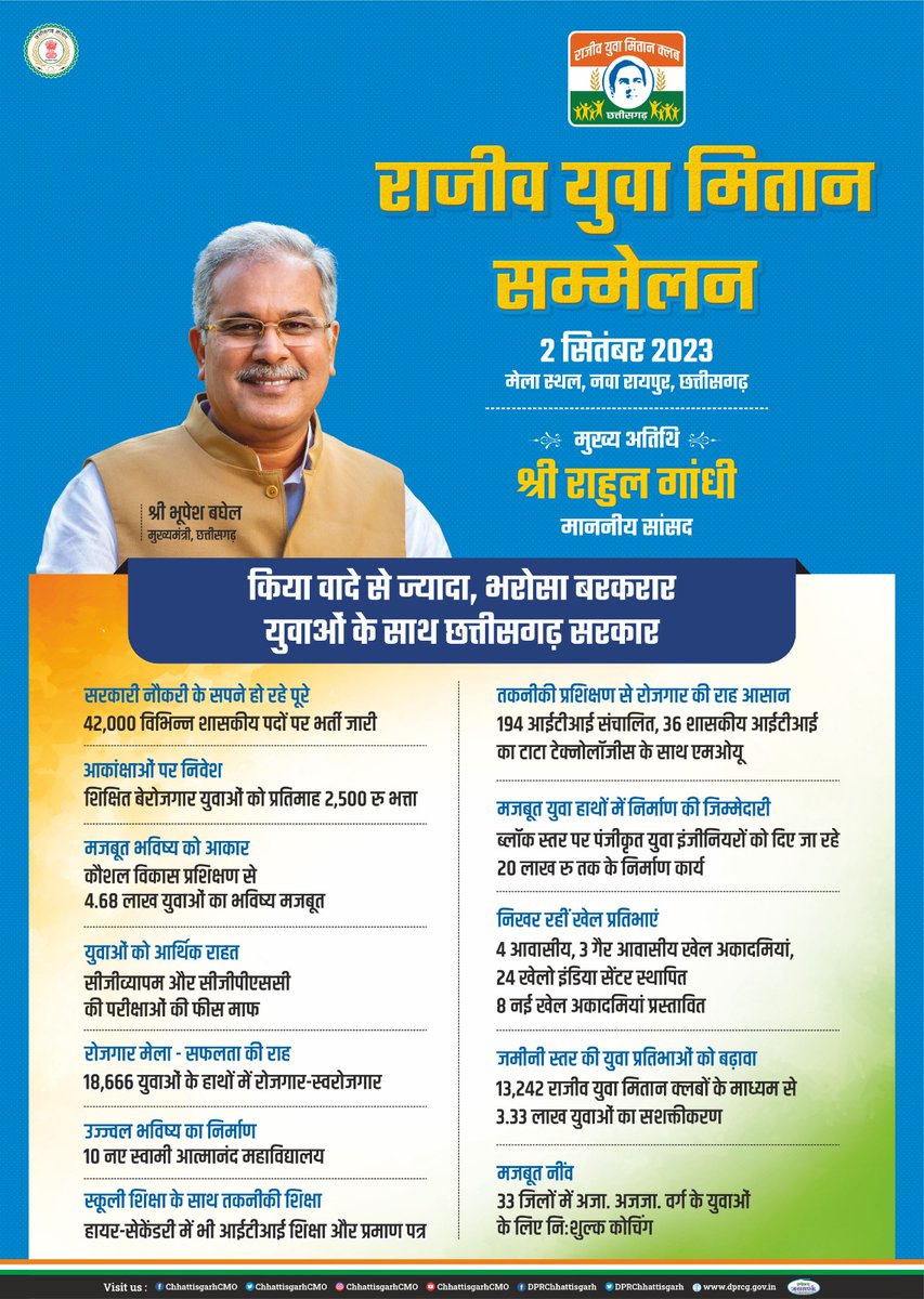 किया वादे से ज्यादा, भरोसा बरकरार
युवाओं के साथ, छत्तीसगढ़ सरकार 
#RajivYuvaMitanSammelan