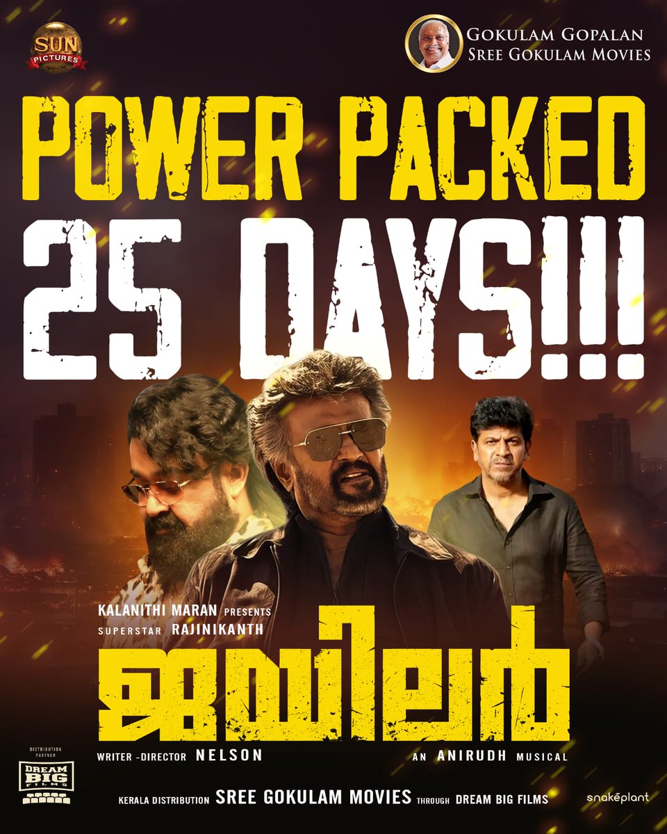 Power Packed 25 Days of #Jailer 🔥🔥
 Don't miss it in theaters!!

@rajinikanth @Mohanlal @tamannaahspeaks @Nelsondilpkumar @anirudhofficial #Kalanthimaran @sunpictures #GokulamGopalan #VCPraveen #BaijuGopalan @srkrishnamoorty #SreeGokulamMovies #DreamBigFilmsPower