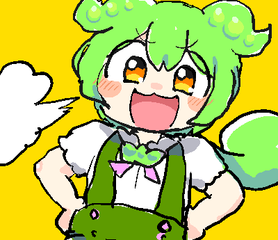 1girl green hair solo hands on hips yellow background suspenders smile  illustration images