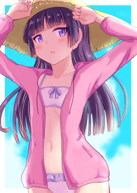 おまけ。夏のウスイ本表紙用の彼シャツ猫と即興ラッシュパーカー差分。 #月まとめ黒猫日和#俺妹 #黒猫 #瑠璃先輩 