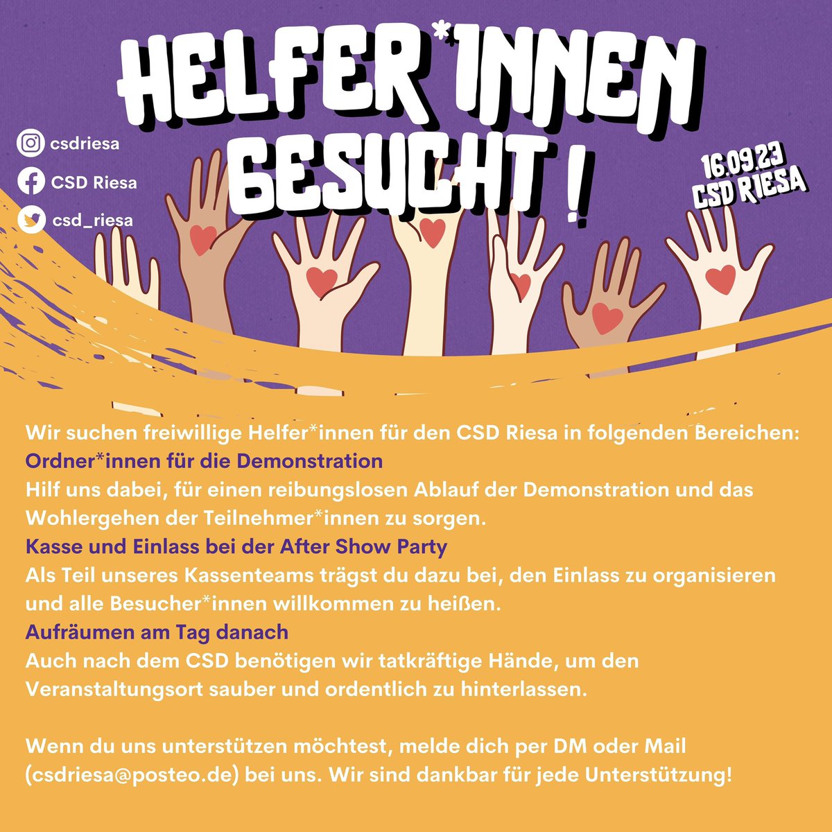 csd_riesa's tweet photo. 🌈 Helfer*innen gesucht für den CSD Riesa am 16.09.! 🌈
Der CSD Riesa am 16. September rückt näher und wir suchen engagierte Helfer*innen, um dieses Ereignis zu einem großen Erfolg zu machen!
Wenn du Interesse hast, melde dich bei uns per DM oder E-Mail (csdriesa@posteo.de). https://t.co/wLXANrrvez
