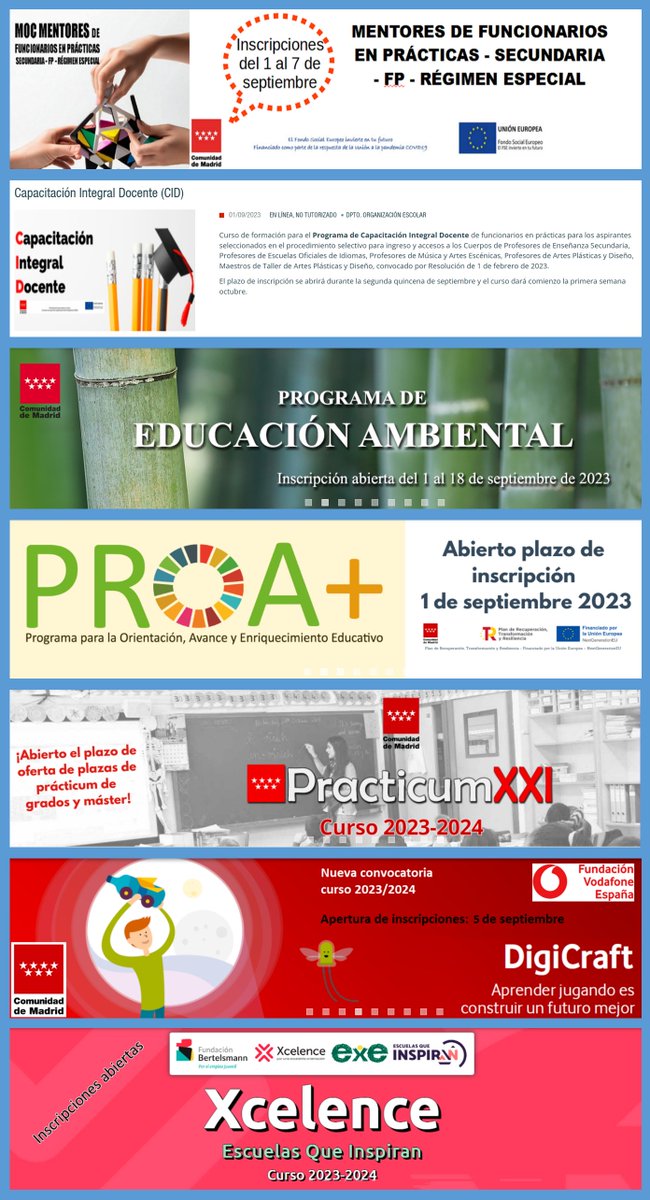 Ya puedes inscribirte en cursos y programas educativos en #IF_CMadrid consulta innovacionyformacion.educa.madrid.org
👉 Mentores para Funcionarios en prácticas
👉Curso Integral Docente - CID
👉 Programa de Educación Ambiental
👉 PROA+
👉 Practicum XXI
👉 Digicraft
👉 Xcelence
👉 ...