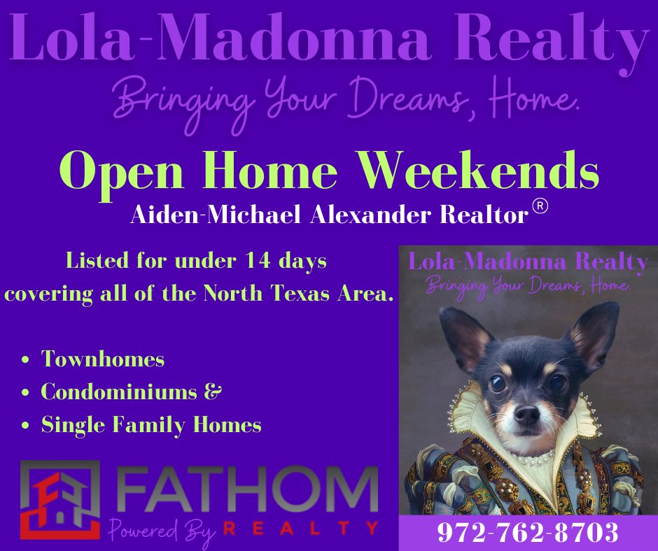 Open Houses happening this Labor day weekend 9/2 & 9/3 for the newest listings within the last 2 weeks for all of the Dallas/Ft. Worth Metroplex!

lolamadonnarealty.com/property-searc…

#AidenMichaelRealtor #LolaMadonnaRealty #OpenHouseWeekend #DallasOpenHouse #OpenHouse #DallasRealEstate