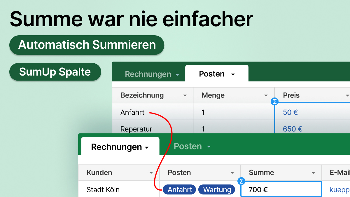 🚨Neu in ApptiveGrid "SumUp Spalte". 🚨
Automatisches Summieren von Einträgen? 

🔨 Übersicht bei Event-Planungen
Veranschlagung von Kosten für Veranstaltungsort, Catering und Technik? SumUp bietet Ihnen einen klaren Überblick über die Gesamtkosten Ihres Events.