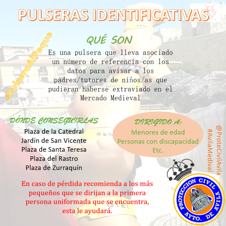 Protección Civil Ávila (@protecivilavila) on Twitter photo Si vienes a #ÁvilaMedieval con los peques de la casa pásate por un Puesto de Emergencias para coger la pulsera identificativa
En caso de pérdida busca ayuda al personal uniformado. Estamos junto a #PolicíaLocalAv, #BomberosAv y <a href="/policia/">Policía Nacional</a> Si vienes a #ÁvilaMedieval con los peques de la casa pásate por un Puesto de Emergencias para coger la pulsera identificativa
En caso de pérdida busca ayuda al personal uniformado. Estamos junto a #PolicíaLocalAv, #BomberosAv y <a href="/policia/">Policía Nacional</a>