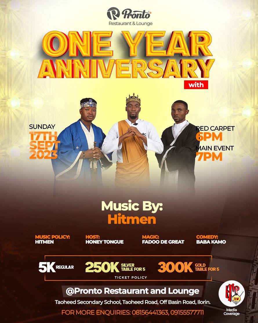 InsideIlorin_NG's tweet photo. #Prontoat1
1 year of commitment partnership and growth serving the people of Kwara State. Join us next month, September 17 as we celebrate our big 1 with Reminisce @IamReminisce on stage, DJ Haz, Hype Man Hadex and olowo Idan, Faddo The Great.
Taoheed Secondary school, Taoheed Road, Basin, Ilorin is the location.
Save the date β€οΈ