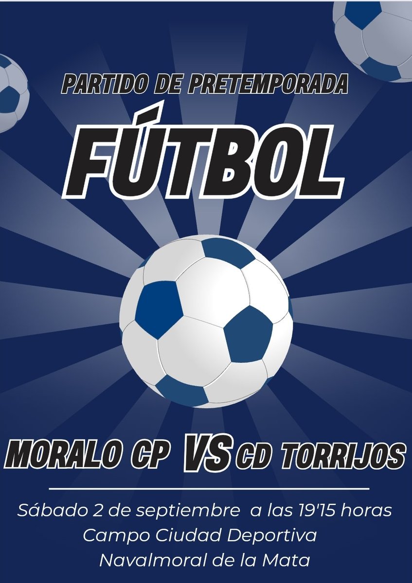 DIA DE PARTIDO 
📅 2 septiembre 
🕓 19'15 horas
✅️ <a href="/cdtorrijos_ofcl/">CD Torrijos Oficial</a>
🏟 Ciudad Deportiva 
💲General 5€
📍Navalmoral de la Mata