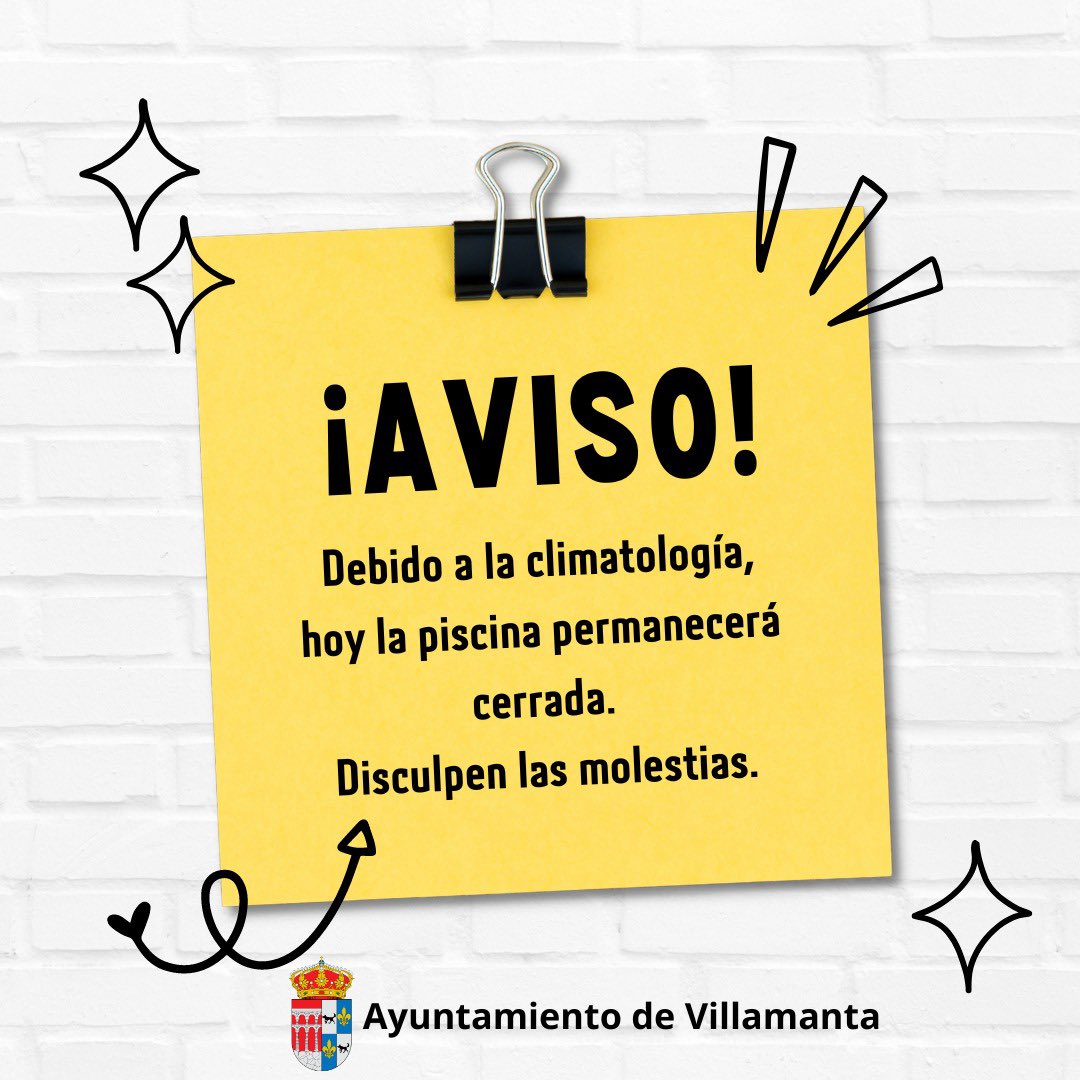 Aviso
Debido a la climatología, hoy la piscina permanecerá cerrada
Disculpen las molestias 
Ayuntamiento de Villamanta 

#villamanta #madrid #piscina #deporte #lluvia