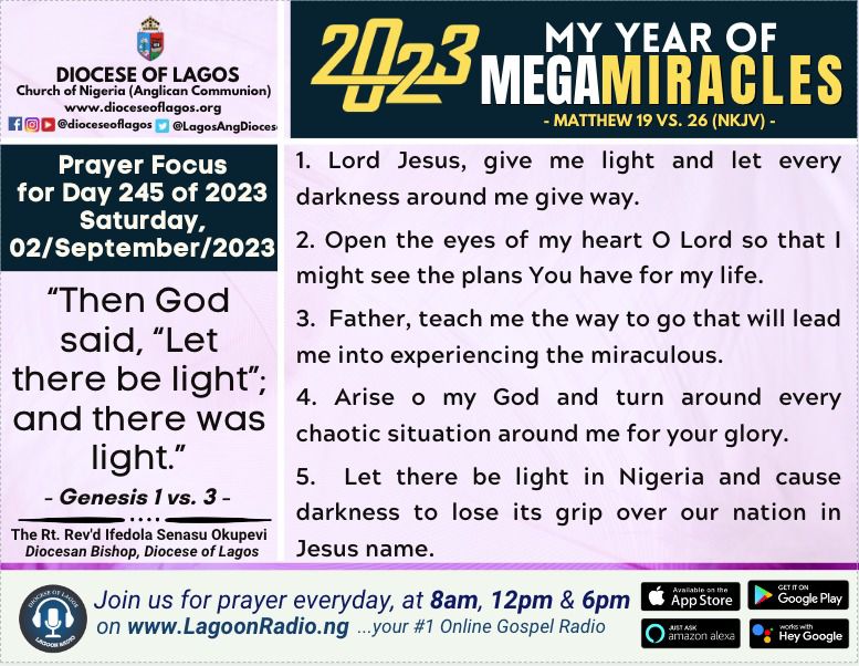LagosAngDiocese's tweet photo. Glory be to God for the breaking of another day. It is the Lord’s doing and it is marvellous in our sight.
#dioceseoflagos #prayercard #ifeokupevi #prayers #praythroughtheprocess #letuspray #prayerfortheday #MegaMiracles https://t.co/1DD04QqKwQ