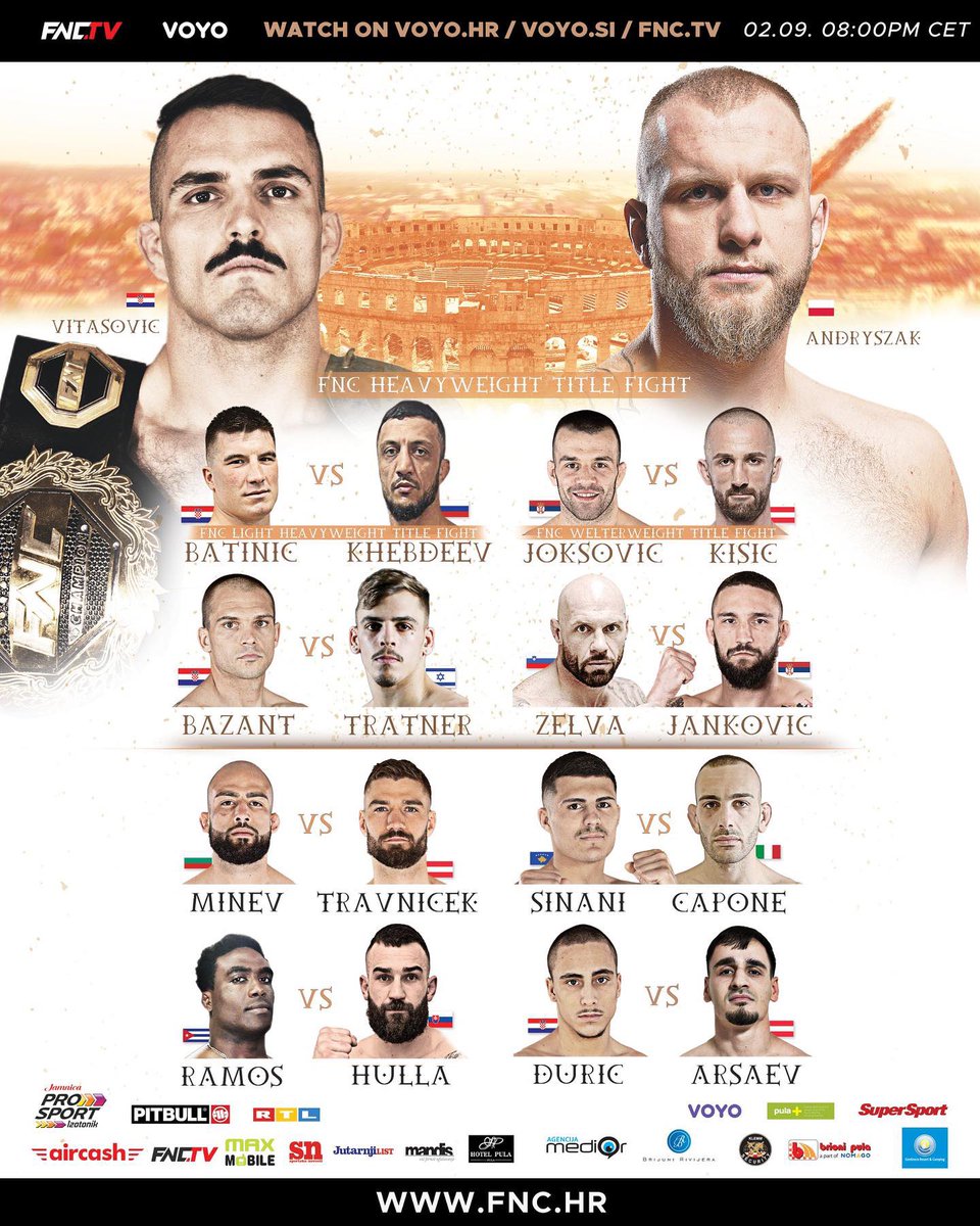 Fight Day!! ⚔️ The Gladiators return to the Pula Arena!! 🇭🇷 

🏟️ Ancient Roman Amphitheatre 
3️⃣ FNC Title Fights 👑 👑 👑 

#FNC12 | 8pm CET | 7pm BST | 2pm ET