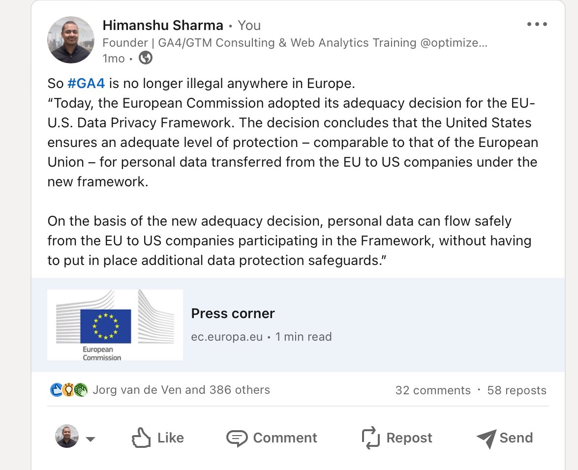 Reminder: #GA4 is no longer illegal anywhere in Europe. But there are vendors out there who continue to spread misinformation that GA4 is illegal so that you pay for their tools.