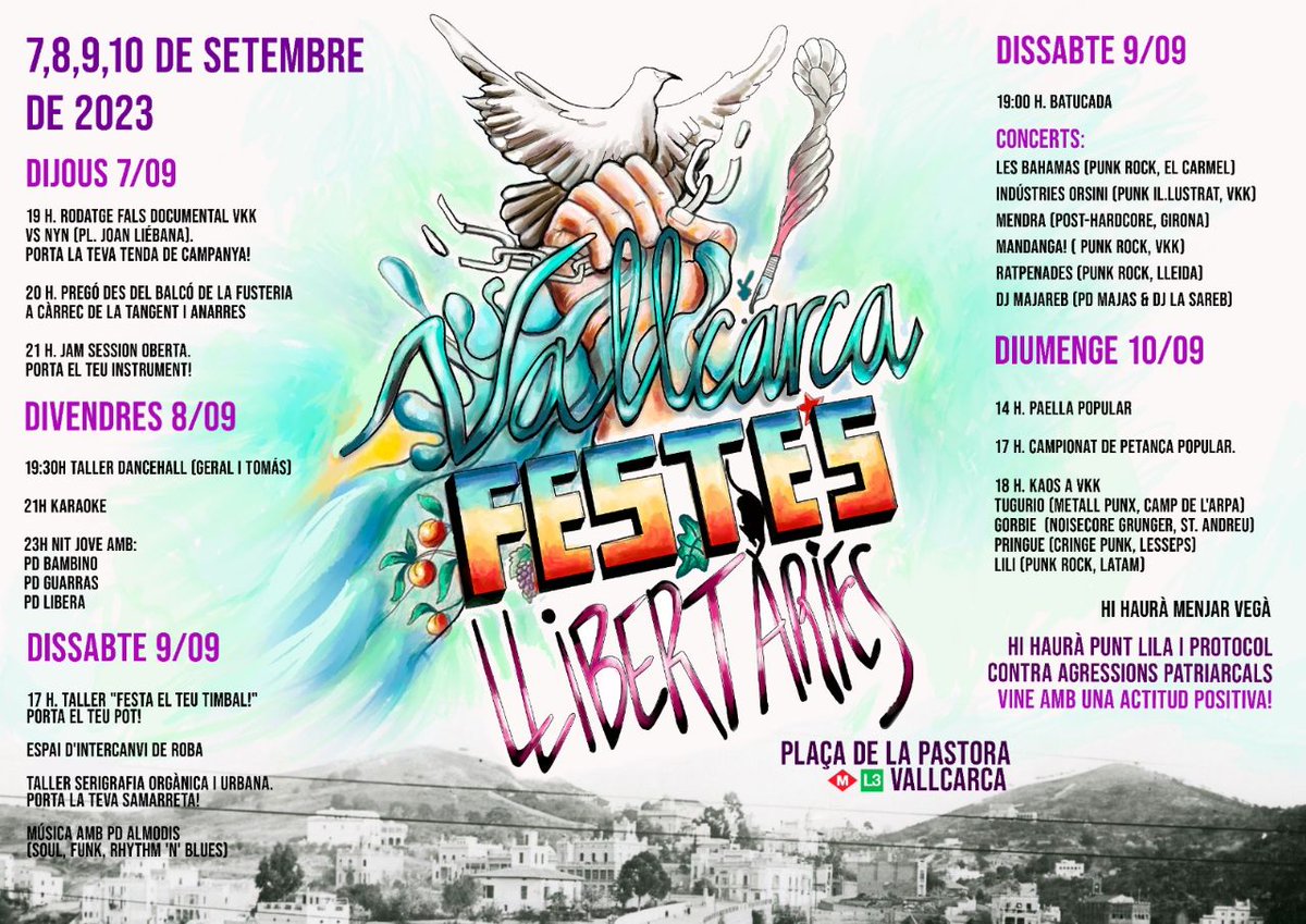 📢Els propers dies 7, 8, 9 i 10 de Setembre tornen les Festes Llibertàries de Vallcarca!🎉
Des de <a href="/LaFusteriaVKK/">La Fusteria</a> treballem per construir espais lliures d'agressions i per unes festes populars i per la gent, que no contribueixin a la massificació i la gentrificació.