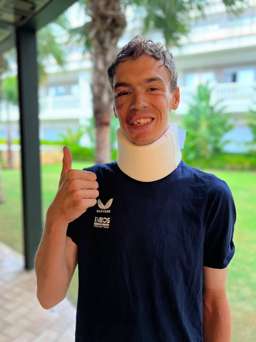 NetcompanyINEOS's tweet photo. The guy we all wanted to see this morning 😃

We're thrilled to have @ThymenArensman back at the team hotel after his crash yesterday at #LaVuelta23 

Here are the thoughts of the man himself as he prepares to head home to continue his recovery 📽️ https://t.co/keZHm5MKMG