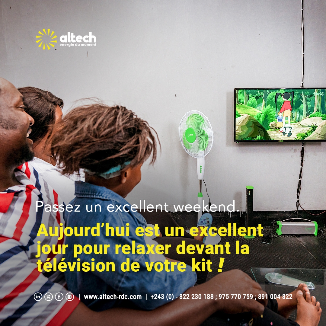 Aujourd'hui est un excellent jour pour relaxer devant la télévision de votre kit Altech ⚡️

Passez un bon week-end!!

#energiedumoment #énergiesolaire #septembre #kits #kitssolaires #solaire #weekend #Altech #altechrdc #DRCongo