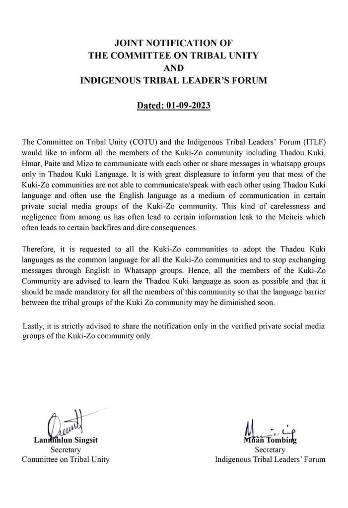 This is a notice in English that all Kuki_Zo_Chin should and must communicate in #ThadouKuki Language !!!

Imagine Hmar having to  speak and communicate in Thadou Language 

Stop #kukimilitants authoritarian rule 

#SaveManipurFromKukiChinZoTerrorists