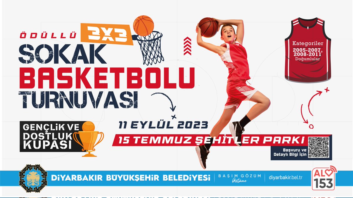 HEYECANA VE MÜCADELEYE HAZIR MISINIZ? 🏀 🔥 

Ödüllü 3x3 Sokak Basketbolu Turnuvamızın başvuruları başladı! ⛹️‍♂️⛹🏻‍♀️

Takımını Kur, Mücadeleye Katıl 🏀🏆

📅 Başlama Tarihi: 11 Eylül
📍 15 Temmuz Şehitler Parkı

Başvuru için ⤵️
🔗 forms.gle/ks2wwPGdkKWGgj…

#Diyarbakır
