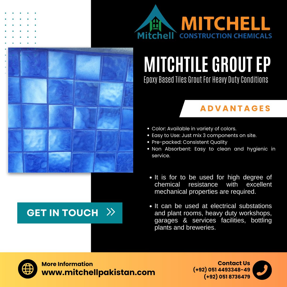 mitchellpak1's tweet photo. MITCHTILE GROUT EP
Epoxy Based Tiles Grout For Heavy Duty Conditions

☎ (+92) 051 4493348-49
☎ (+92) 051 8736479
🌍 https://t.co/wum1UmebUb

#MITCHTILEGROUTEP #Expoxy #tilesgrout #building #material #company #construction #chemicals #Islamabad #Pakistan https://t.co/VrhWcEeM5Y