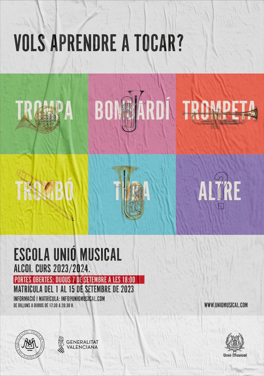 UnioMusical's tweet image. Matrícula oberta curs 23-2024! 🎺

A què esperes? Vine i aprèn música a la nostra escola, reconeguda per la @generalitat.

Més a info@uniomusical.com, i a la nostra seu de dilluns a dijous de 17:30 a 20:30... i jornada de portes obertes este dijous 7 a les 18h😊

T'esperem! 🥰