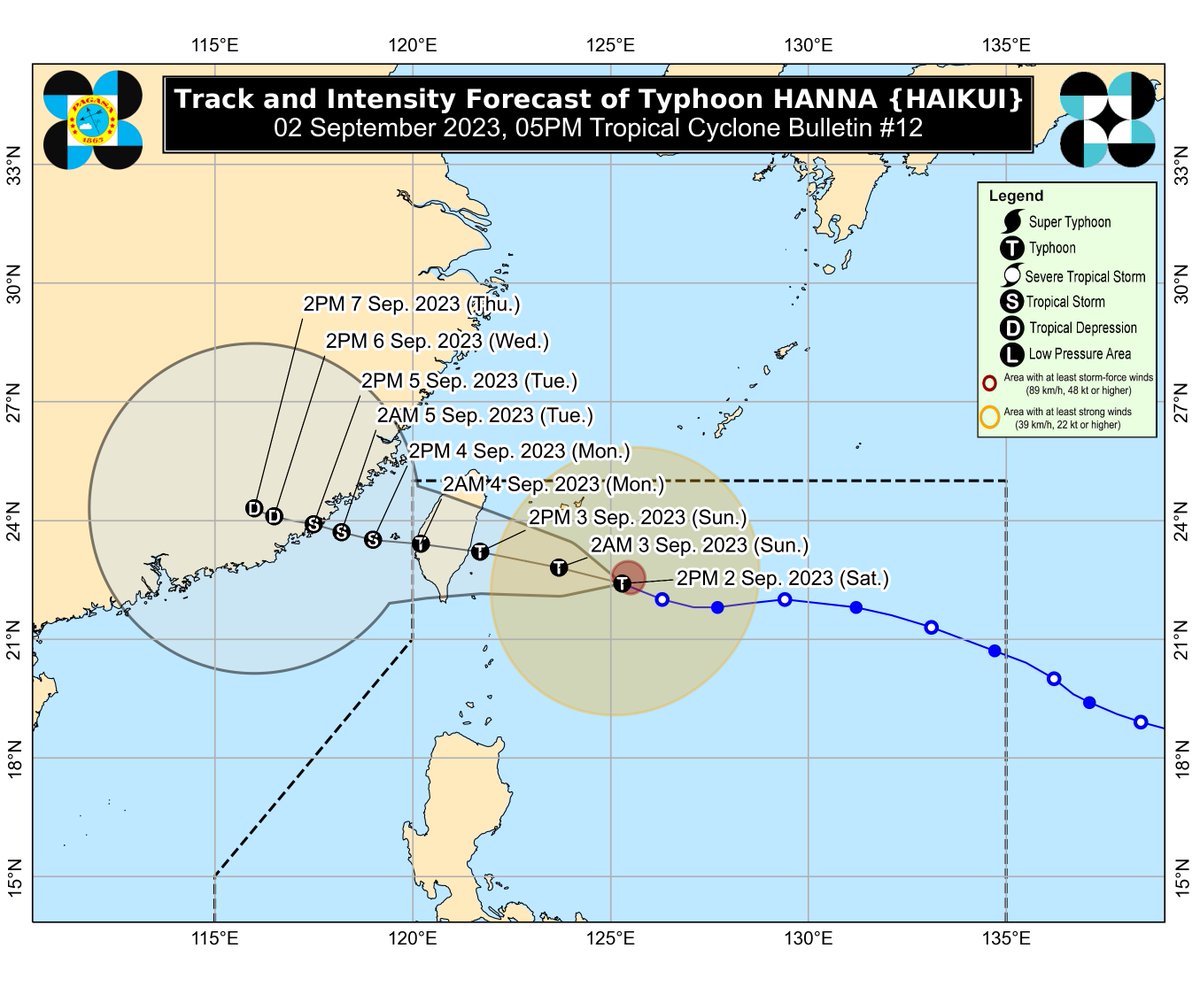 dost_pagasa's tweet photo. TROPICAL CYCLONE BULLETIN NR. 12
Typhoon #HannaPH (HAIKUI)
Issued at 5:00 PM, 02 September 2023
Valid for broadcast until the next bulletin at 11:00 PM today.

HANNA CONTINUES TO INTENSIFY AS IT ACCELERATES WEST NORTHWESTWARD TOWARDS THE SEA EAST OF TAIWAN https://t.co/pGMBU3oYgt