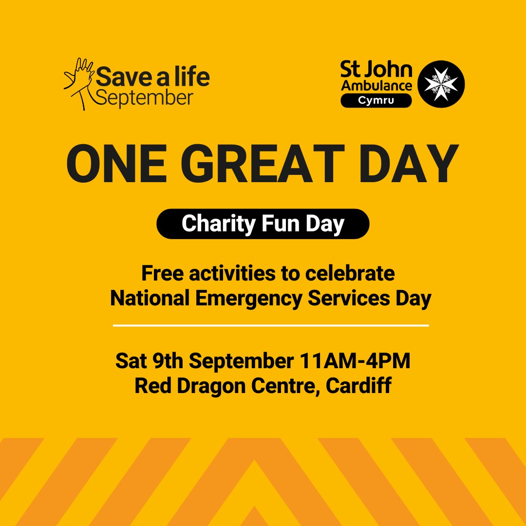 SJACymru's tweet photo. We are very proud to be the nominated local charity partner for the @RedDragonCentre , One Great Day event.
Join us next Saturday while we celebrate National Emergency Services Day, by attending this event.
Read more 👉 https://t.co/dTlCIXFhIc
#SaveALifeSeptember #SJACymru https://t.co/FIWtHwsdey
