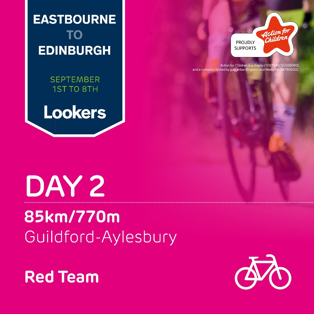 Day Two: Hello Home Counties! Guildford to Aylesbury 📍 Red Team 🔴 85km ✅ 770m elevation ⛰ Want to support our riders and Action for Children? You can find our JustGiving page here - ow.ly/laPL50PGNxO