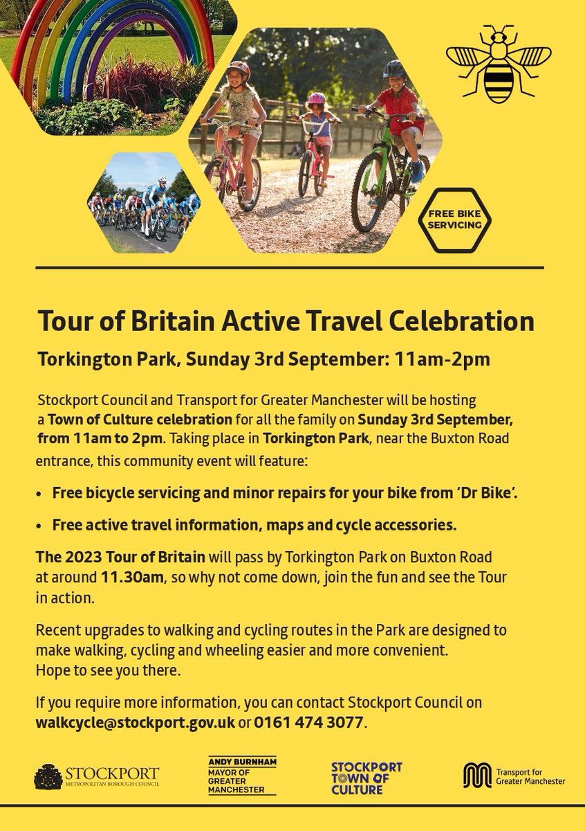 We will be hosting a <a href="/SKTownofCulture/">Stockport Town Of Culture</a> family celebration tomorrow, from 11am to 2pm, in Torkington Park, as the Tour of Britain race passes by. You can get free bicycle servicing and travel accessories.  More details below