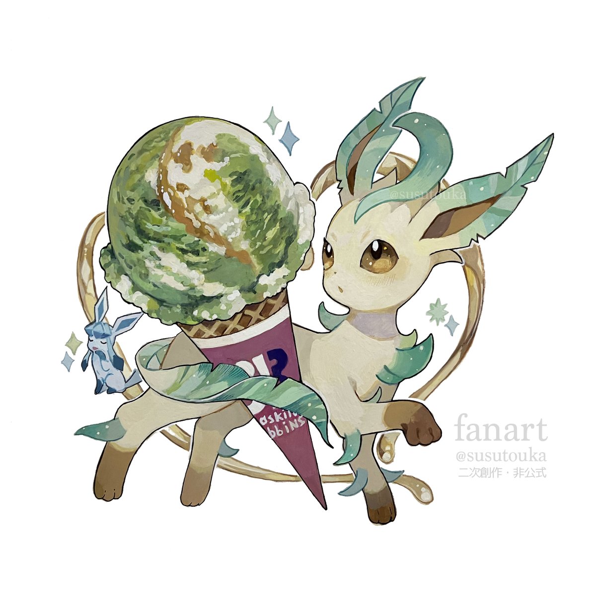 glaceon ,leafeon pokemon (creature) no humans food sparkle ice cream holding brown eyes  illustration images