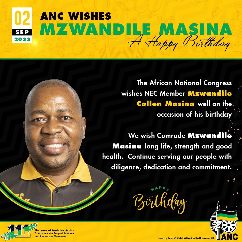 The African National Congress wishes Comrade Mzwandile Masina a Happy Birthday!