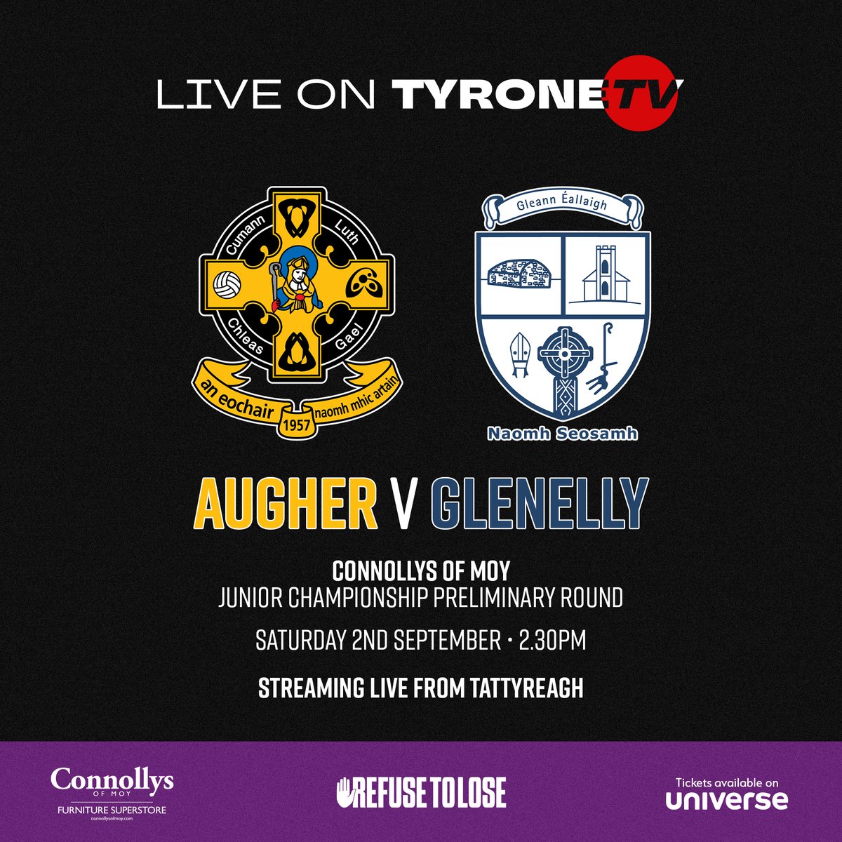 Streaming LIVE from Tattyreagh 📺

<a href="/AnEochair/">Augher St Macartans</a> face <a href="/Gleann_Eallaigh/">Gleann Éallaigh Naomh Seosamh CLG</a> in the Connollys of Moy Junior Football Championship Preliminary Round this afternoon.

🎥 Tyrone TV will be bringing you live coverage from Tattyreagh. Visit tireogha.in/tyronetv to get your game pass.

🎟