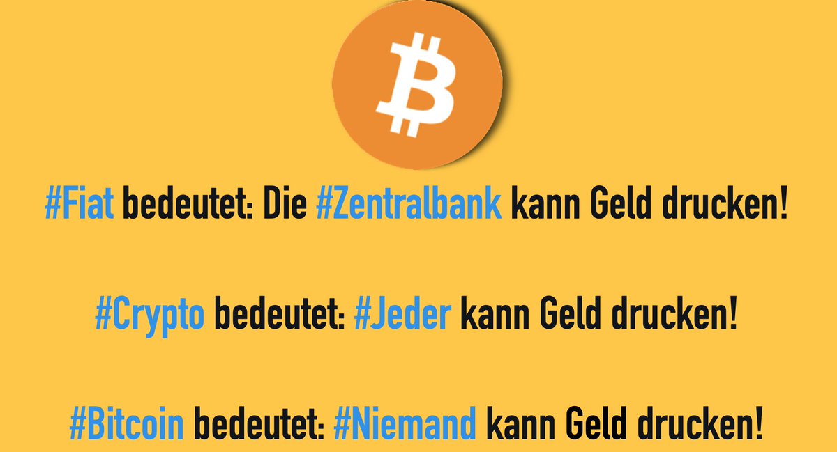 Bin gerade am Vorbereiten eines Vortrages und fand dieses bemerkenswerte Slide aus einem älteren Vortrag.

#Fiat bedeutet: Die #Zentralbank kann #Geld drucken!
#Crypto bedeutet: Jeder kann #Geld drucken!
#Bitcoin bedeutet: Niemand kann #Geld drucken!

Study #Bitcoin