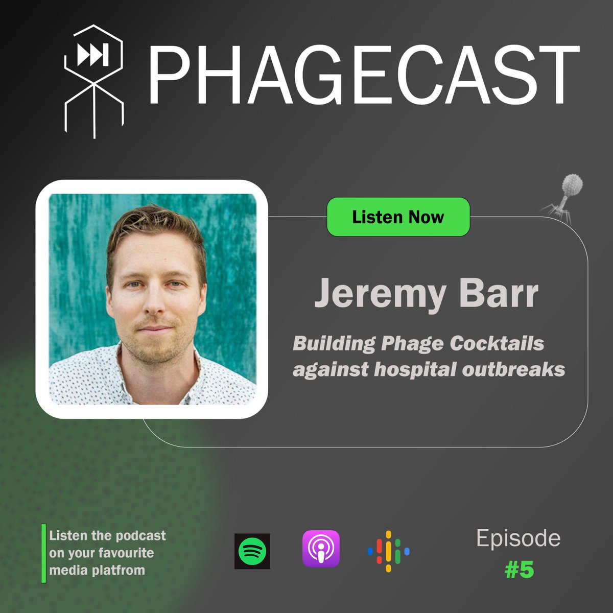 NEW EPISODE OUT! 📢

In our 5th episode, we had an incredible conversation with <a href="/JeremyJBarr/">Jeremy J Barr</a> , a well-known Associate Professor at Monash University and the Head of Bacteriophage Biology Research Group.
🧵