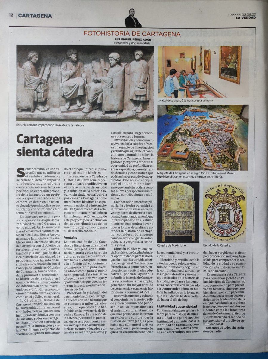 #Cartagena sienta cátedra. Entre otros muchos beneficios y ventajas la cátedra de historia reforzará el sentido de identidad y orgullo local. #Cartaginense51 @CartagenaIncis. Vía: @laverdad_ct