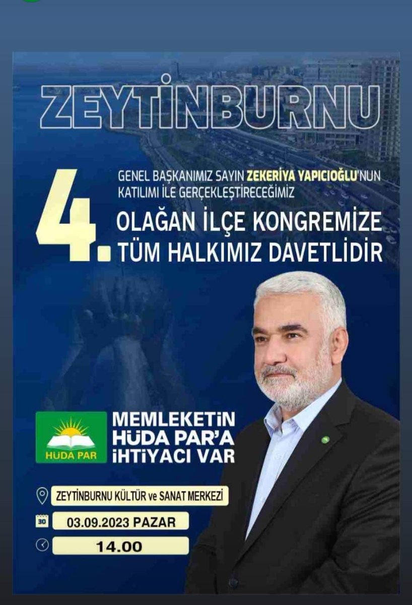 Genel Başkanımız Sayın Zekeriya Yapıcıoğlu, Zeytinburnu 4'üncü olağan kongremizi teşrif edecektir. Tüm hemşehrilerimizi pazar günü saat 14.00'te Zeytinburnu Kültür ve Sanat Merkezi'ne bekliyoruz. #HÜDAPAR #İstanbul