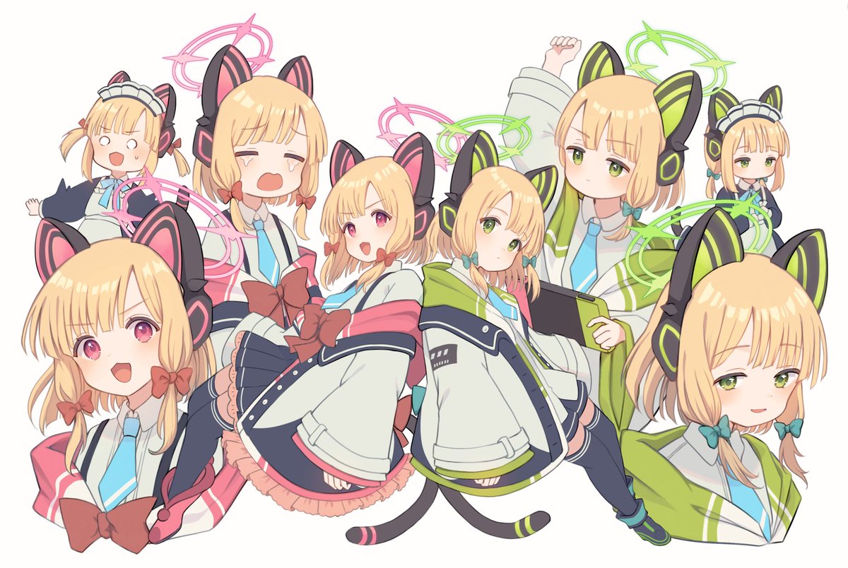 midori (blue archive) ,momoi (blue archive) headphones animal ear headphones animal ears fake animal ears cat ear headphones halo necktie  illustration images