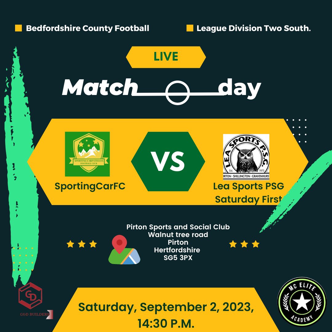CarpathiansFC's tweet photo. 🏔️ MATCHDAY 🏔️

 FIRST MATCH OF THE SEASON 🤩

@LeaSports_1stXI vs @CarpathiansFC

⏰ |14:30 | SAT 2nd Sep | 14:30pm KO  
📍 | Pirton Sports and Social Club - SG5 3PX 

💚💛 https://t.co/blDsrpIR9Z