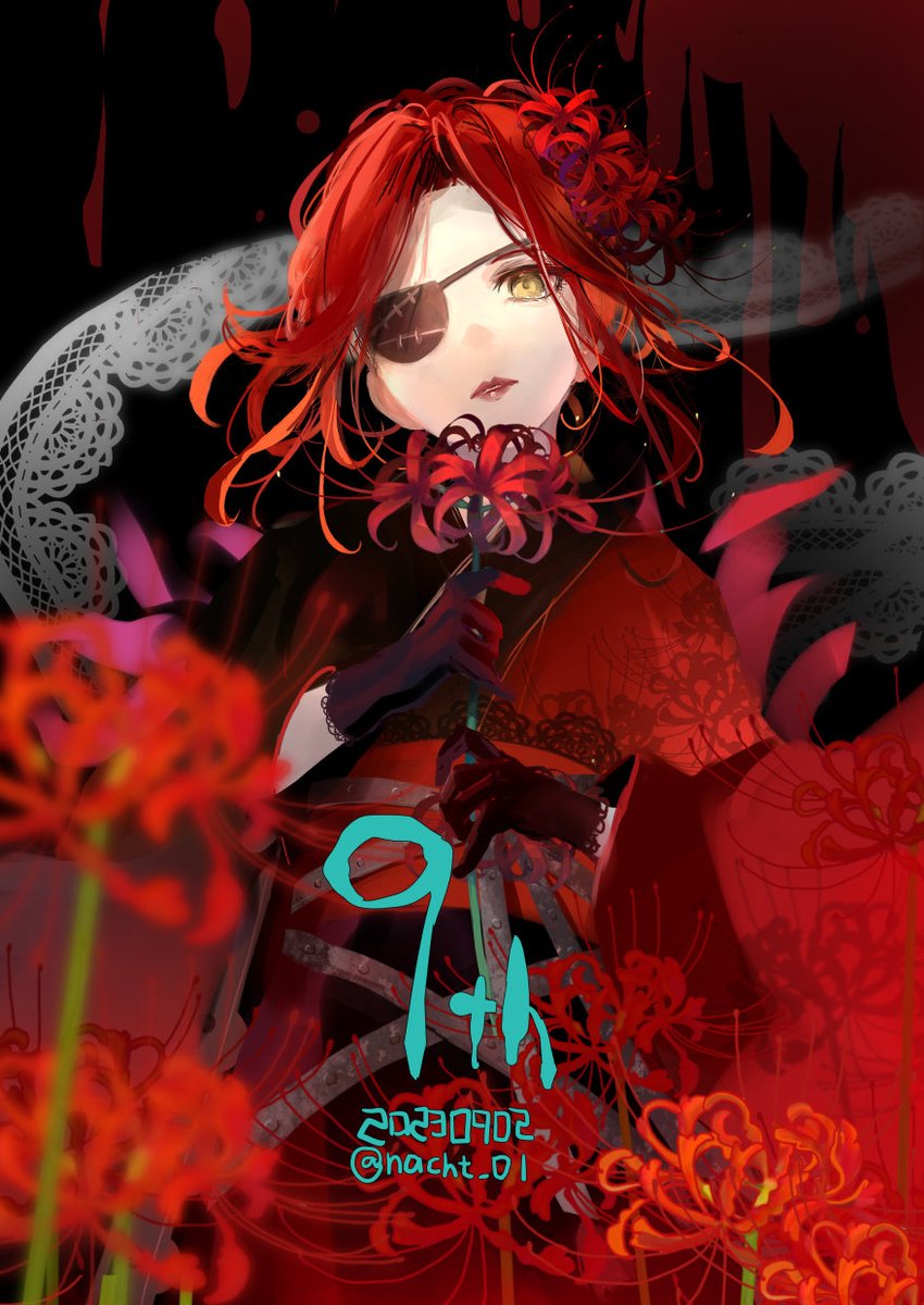 spider lily 1girl flower eyepatch solo red hair gloves  illustration images