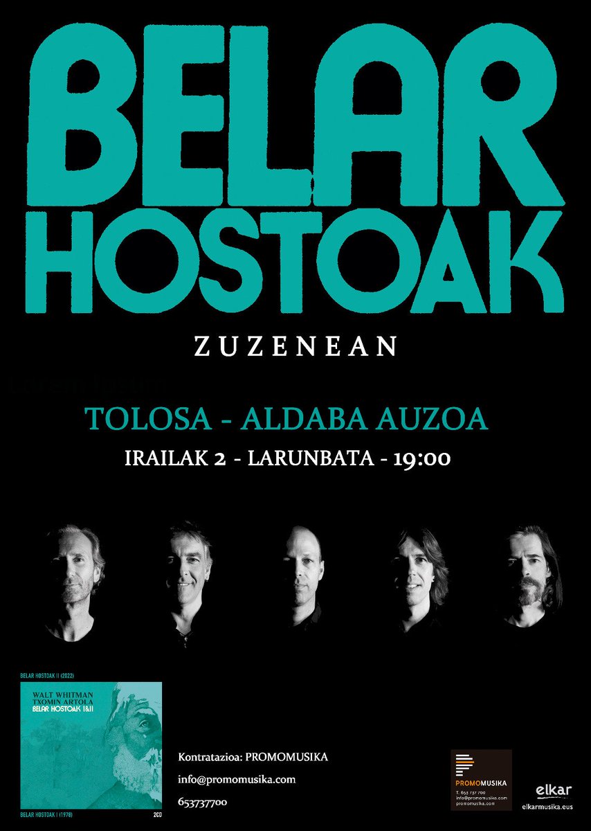 Gaur, Belar Hostoak Tolosan, Aldaba auzoan, 19:00. Pilotaleku estalian. <a href="/ElkarMusika/">Elkar Musika</a> #waltwhitman