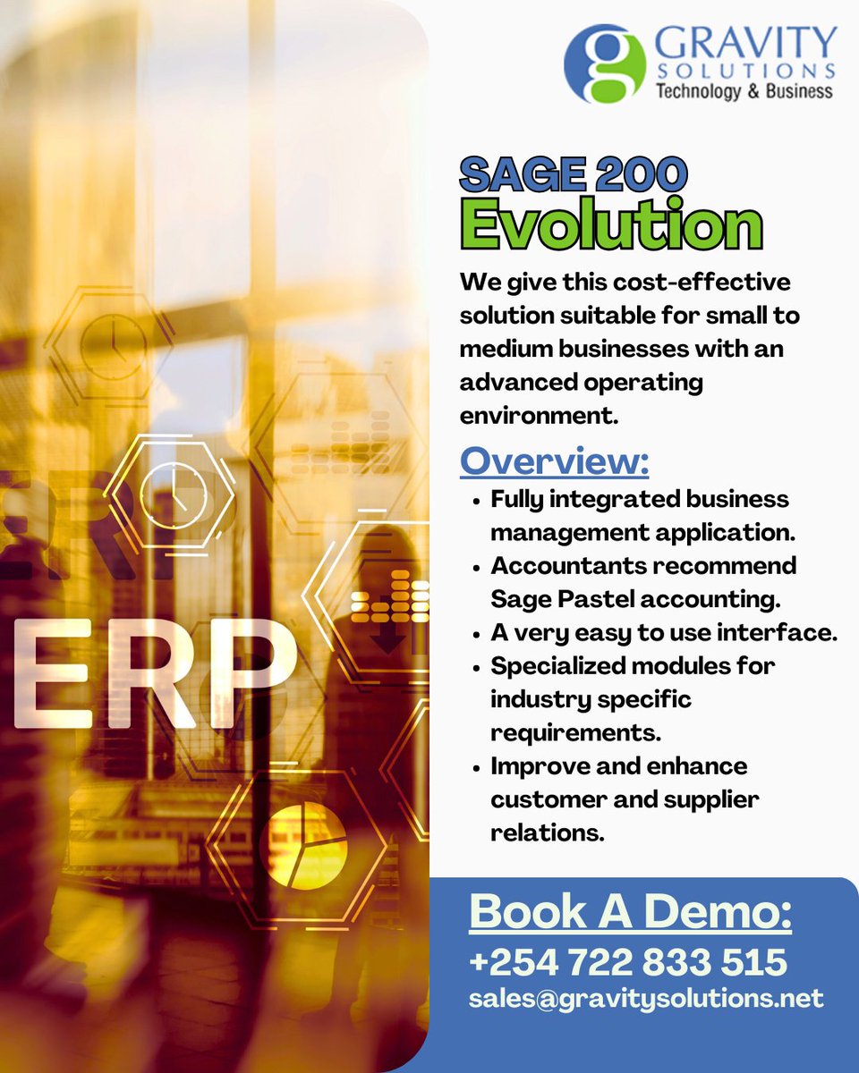 gravitysolltd's tweet image. Are you finding it difficult to get an integrated and holistic view of your business? If so, it is time to revolutionize the way that you do business with #sageEvolution. 

Book A Demo:
TEL: 0722 954501 | +254 722 833 515
EMAIL: sales@gravitysolutions.net