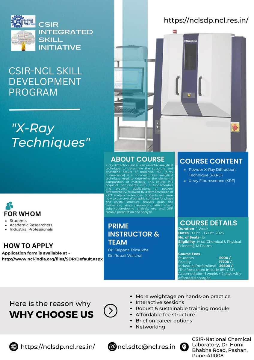 csir_ncl's tweet photo. "CSIR- NCL Skill Development Program announces change in dates of our new course - "X-Ray Techniques".
Old dates were 25th Aug. 2023 to 15th Sept. 2023
New updated dates are 9th Oct. 2023 to 13th Oct. 2023
Registration deadline has been extended till 10th Sept. 2023
#CSIRSDP https://t.co/Pe3hGXjBhF
