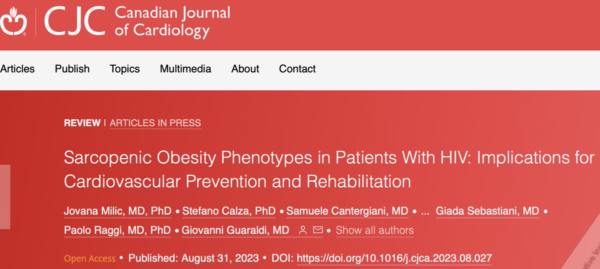 Giada Sebastiani (@giadasebastiani) on Twitter photo Our collaborative paper published!
#Sarcopenic #obesity is associated with #subclinical #cardiovascular disease in #HIV.
👉doi.org/10.1016/j.cjca…
<a href="/CJCJournals/">CJC Journals</a> #livertwitter <a href="/McGill_DOM/">McGill_DOM</a> <a href="/cusm_muhc/">Centre universitaire de santé McGill</a> <a href="/IDIGHProgram/">IDIGH</a> <a href="/RIMUHC1/">Research Institute of the MUHC (The Institute)</a> <a href="/CASLupdates/">CASL</a> <a href="/CIHR_CTN/">The CTN+ | Le Réseau+</a> <a href="/FRQS1/">FRQ - secteur Santé</a> <a href="/JovanaFlojdovna/">Jovana Milić</a> <a href="/UAlberta/">University of Alberta</a> Our collaborative paper published!
#Sarcopenic #obesity is associated with #subclinical #cardiovascular disease in #HIV.
👉doi.org/10.1016/j.cjca…
<a href="/CJCJournals/">CJC Journals</a> #livertwitter <a href="/McGill_DOM/">McGill_DOM</a> <a href="/cusm_muhc/">Centre universitaire de santé McGill</a> <a href="/IDIGHProgram/">IDIGH</a> <a href="/RIMUHC1/">Research Institute of the MUHC (The Institute)</a> <a href="/CASLupdates/">CASL</a> <a href="/CIHR_CTN/">The CTN+ | Le Réseau+</a> <a href="/FRQS1/">FRQ - secteur Santé</a> <a href="/JovanaFlojdovna/">Jovana Milić</a> <a href="/UAlberta/">University of Alberta</a>