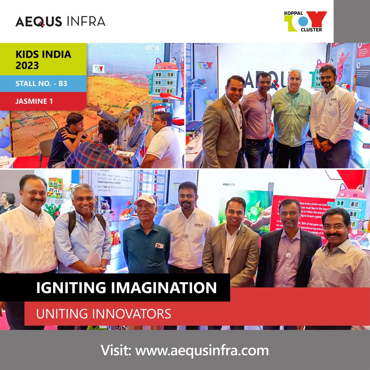 aequs_infra's tweet photo. Day 3: A promising finale to the #KidsIndia Expo as we welcomed Rajeev, Vinod, Mr. Pillai, and Prakash - a potential client's team &amp; Anil Makhija at our stall. 

We look forward to the opportunity to host them at KTC, as we build a toy manufacturing hub that caters to the world. https://t.co/EuUAC6M783