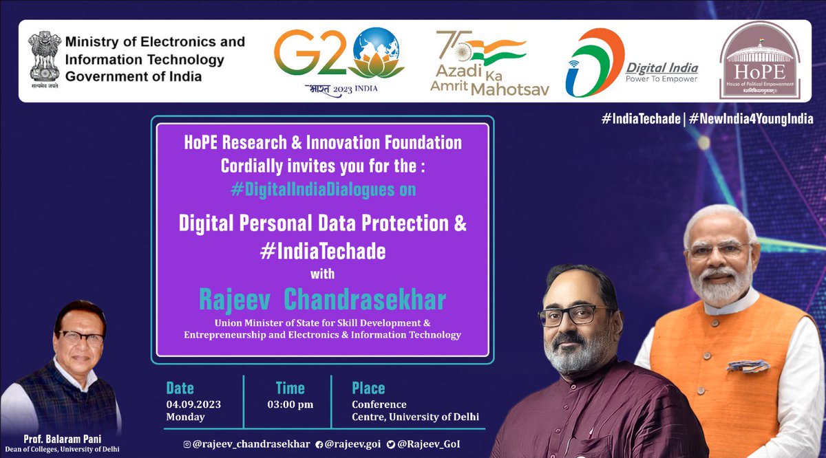 DigvijayHoPE's tweet photo. We https://t.co/RLBazKeDZZ cordially invite you to join the #DigitalIndiaDialogues with Hon. Minister Shri @Rajeev_GoI Ji at the Conference Centre of University of Delhi.
#DigtalIndia #IndiaTechade
Monday 4th September.
3 Pm onwards
@PMOIndia @narendramodi @GoI_MeitY https://t.co/wQ35PTz4vM