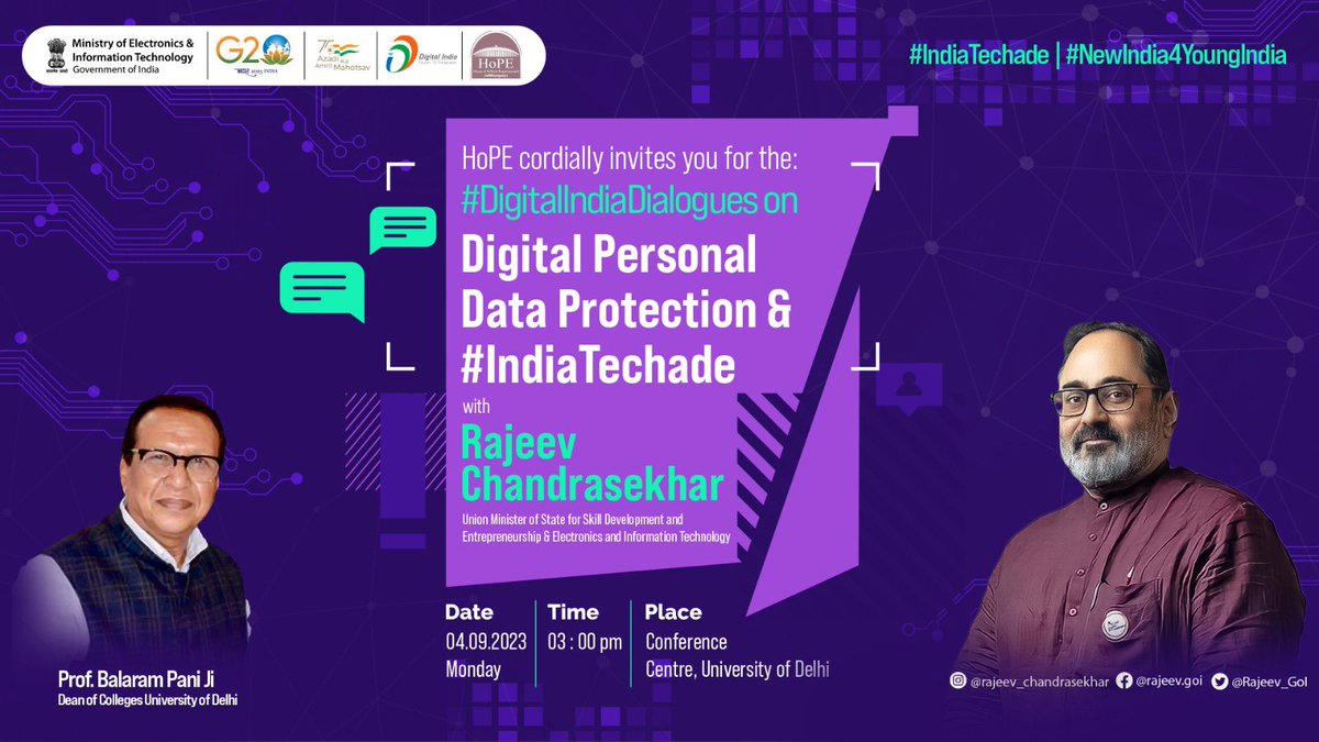 DigvijayHoPE's tweet photo. We https://t.co/RLBazKeDZZ cordially invite you to join the #DigitalIndiaDialogues with Hon. Minister Shri @Rajeev_GoI Ji at the Conference Centre of University of Delhi.
#DigtalIndia #IndiaTechade
Monday 4th September.
3 Pm onwards
@PMOIndia @narendramodi @GoI_MeitY https://t.co/wQ35PTz4vM