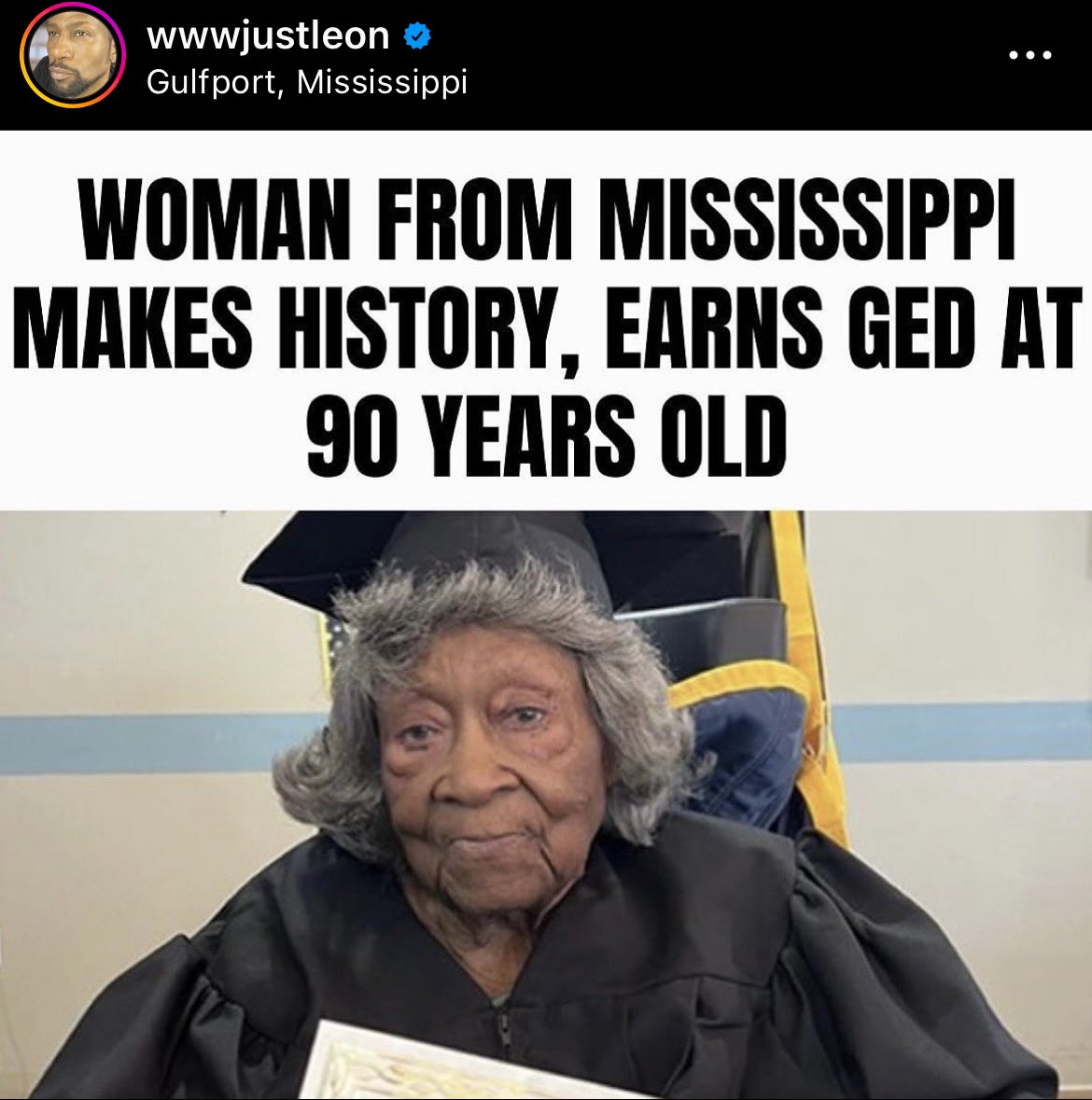 justleon's tweet photo. Had to share! 
It’s Never too late!
90-year-old Ellouise Lewis from Gulfport, Mississippi has finally received her GED certificate after seven decades have passed since she had to drop out of school. A graduation ceremony was held at her nursing home. https://t.co/r2M8giA4IF