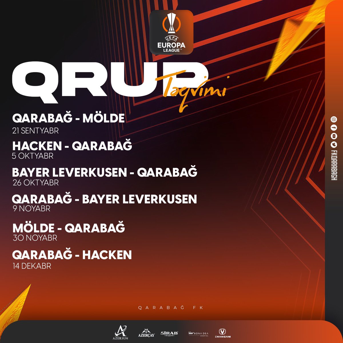 FKQarabagh's tweet photo. UEFA Avropa Liqasında qrup mərhələsi təqvimimiz 🗓️

#UEL #QarabağFK https://t.co/PQNKVyvKnV