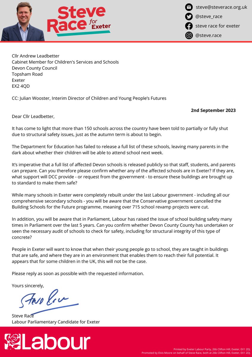 As parents and pupils up and down the country are made aware of structural integrity issues in schools, I've written to Devon Council asking for details of any issues with Exeter schools. 

Exeter parents and local communities deserve to know that our school buildings are safe.